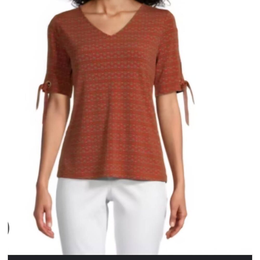 NWT LIZ CLAIBORNE Size L Rust Colored Geometric Print Blouse